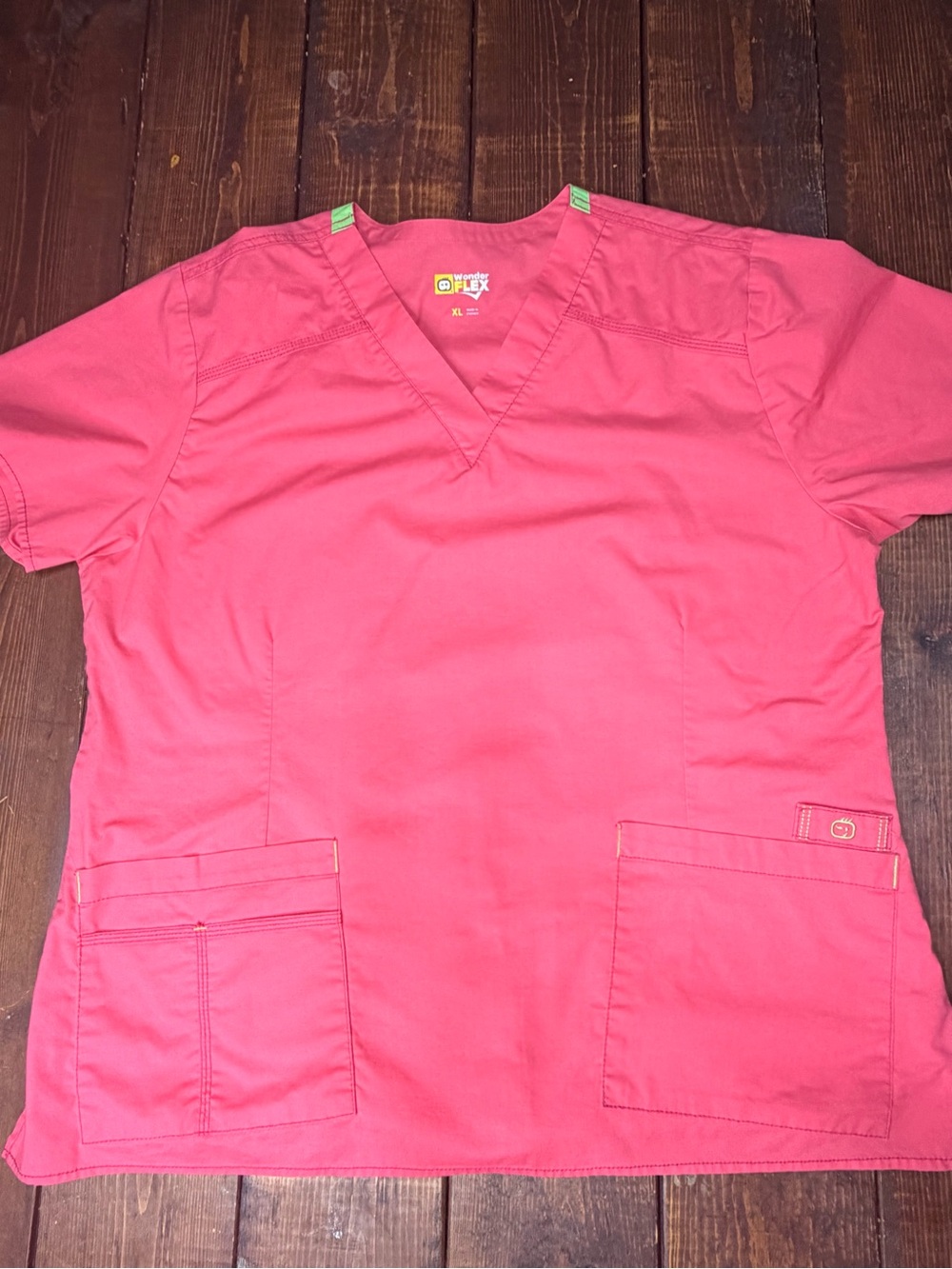 WonderWink Coral Pink Scrub Top with Lime Stitch Accent